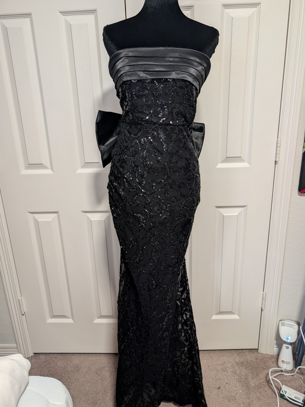 Windsor Black Strapless Sequin Satin Bow Evening Gown